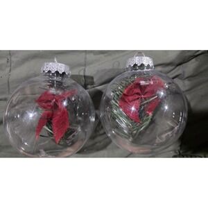 Clear Plastic Ball Red Floral Mistletoe Holiday Style ChristmasOrnament Set of 2